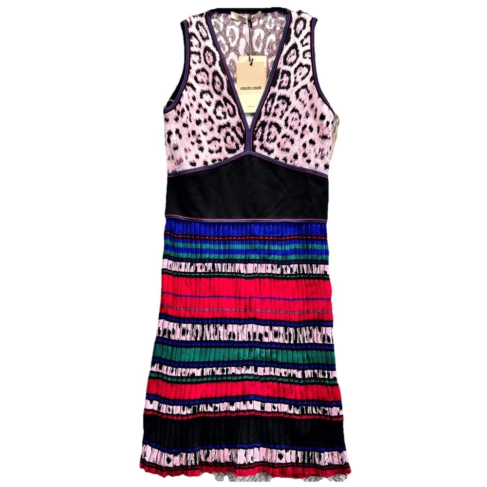Roberto Cavalli Mini Dress Women's Size 38 Pink Pleated Leopard Print Bodice